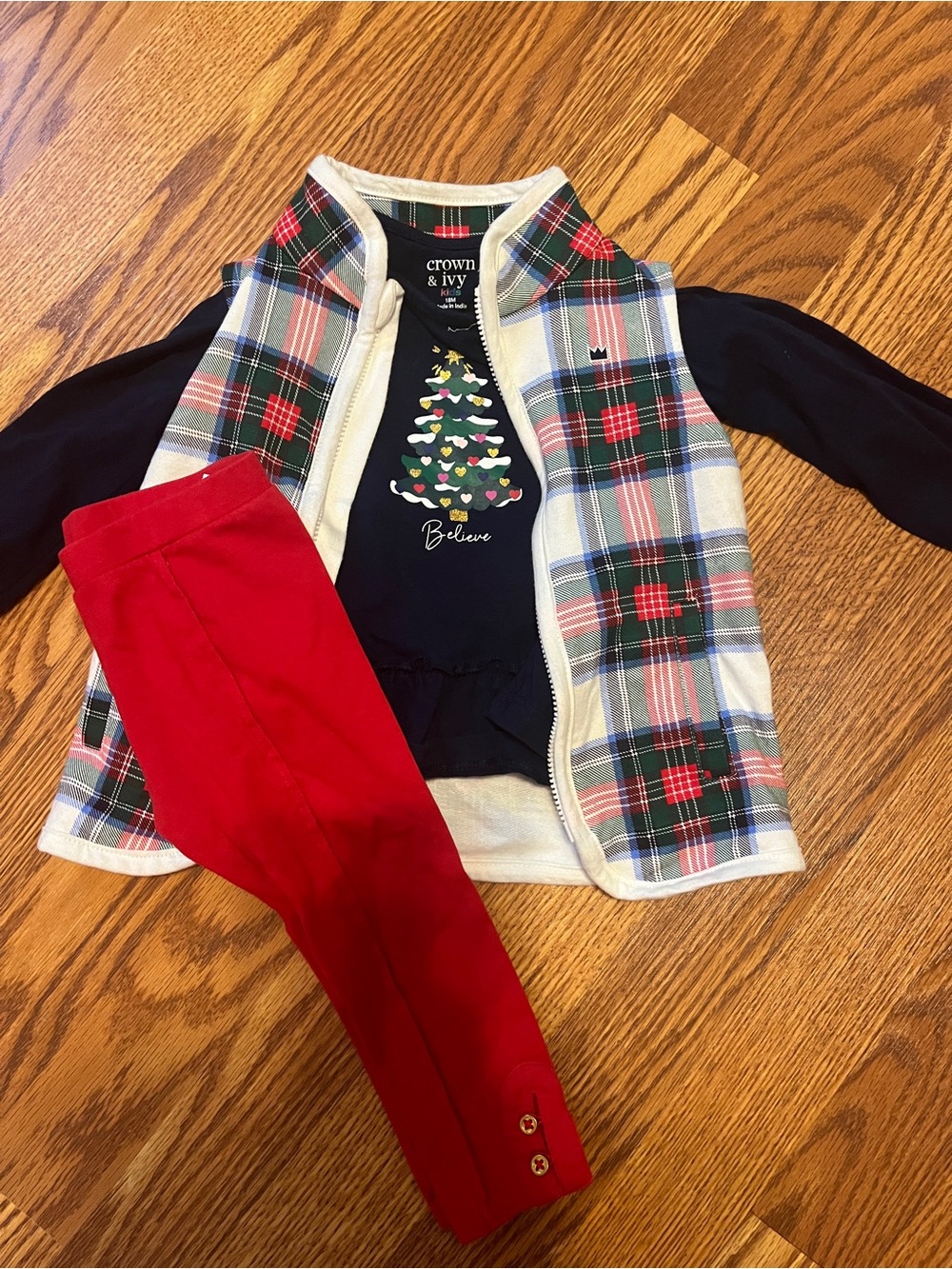 crown & ivy Navy Tee with Plaid Vest and Red Leggings